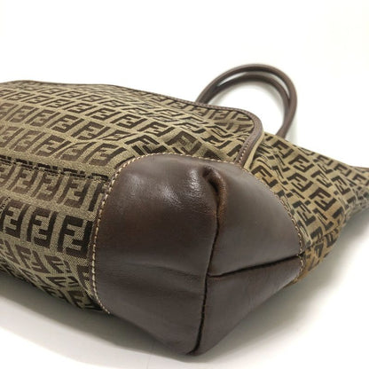 Fendi Shoulder Bag Zucchino Canvas Leather Beige