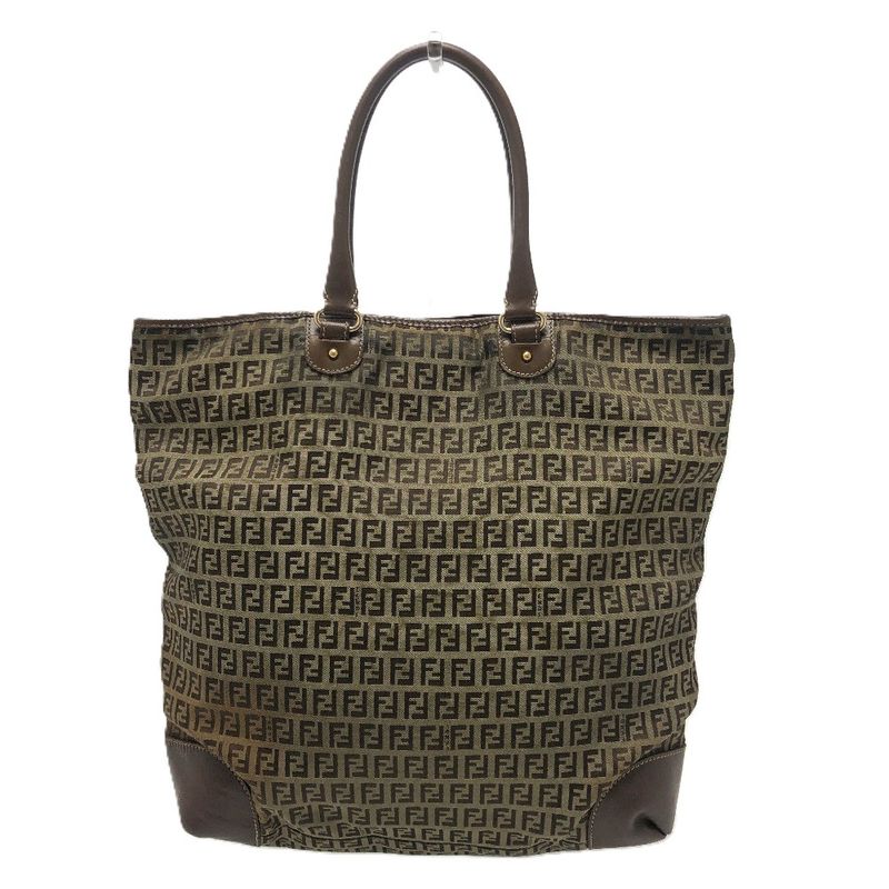 Fendi Shoulder Bag Zucchino Canvas Leather Beige