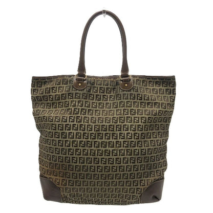 Fendi Shoulder Bag Zucchino Canvas Leather Beige