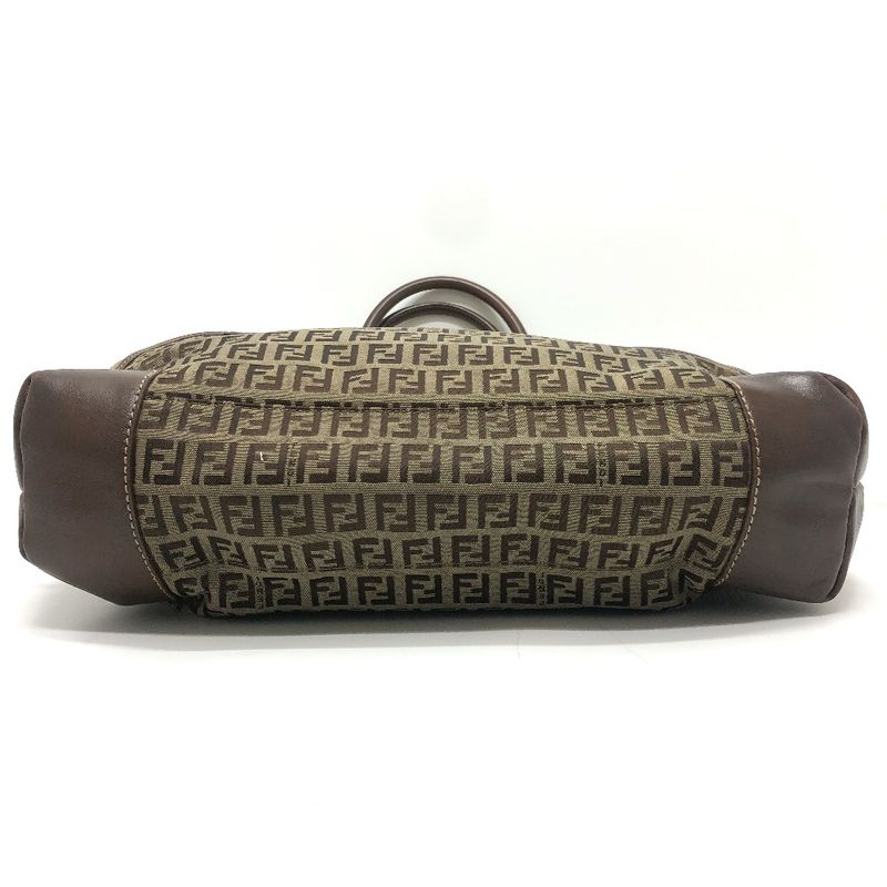 Fendi Shoulder Bag Zucchino Canvas Leather Beige