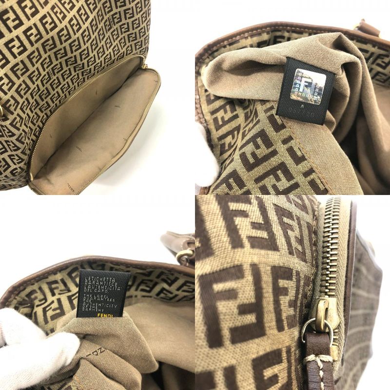 Fendi Shoulder Bag Zucchino Canvas Leather Beige