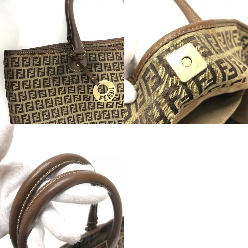 Fendi Shoulder Bag Zucchino Canvas Leather Beige