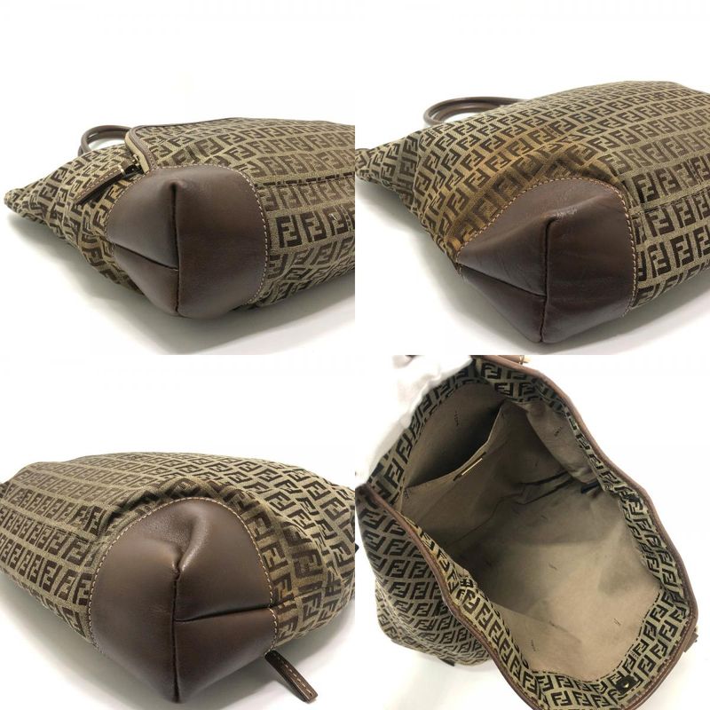Fendi Shoulder Bag Zucchino Canvas Leather Beige
