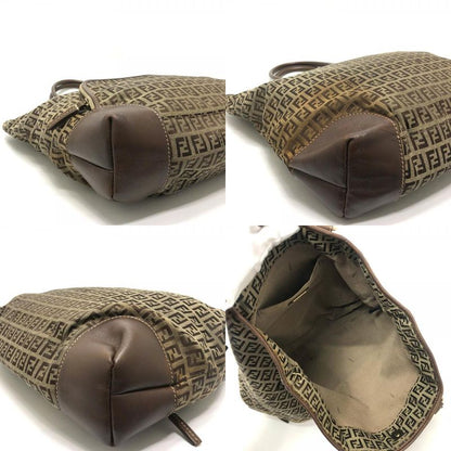 Fendi Shoulder Bag Zucchino Canvas Leather Beige
