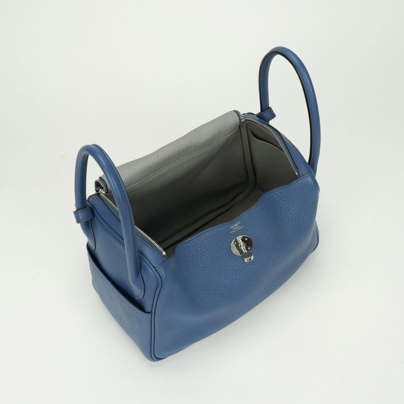 Hermes Lindy 26 Verso Tote Shoulder Bag Taurillon Clemence Blueagate Grismouette