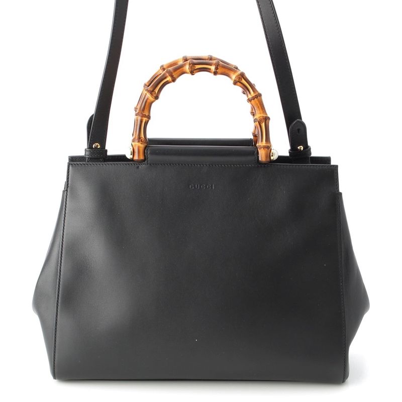 Gucci Bambu Nymphaea Leather Gold Pearl Handbag 2-Way Shoulder Black