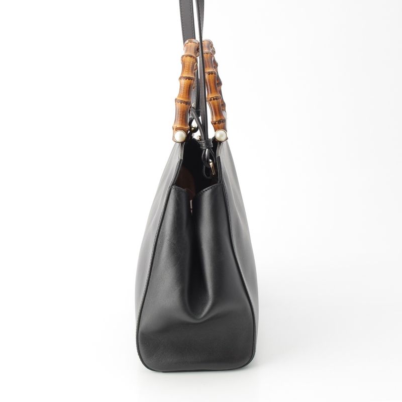 Gucci Bambu Nymphaea Leather Gold Pearl Handbag 2-Way Shoulder Black