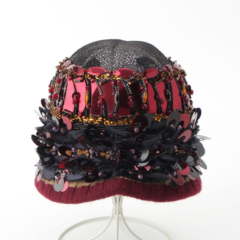 Prada S Decoration Bijou Mesh Sequin Bead Hat Black Red Multicolor