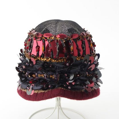Prada S Decoration Bijou Mesh Sequin Bead Hat Black Red Multicolor