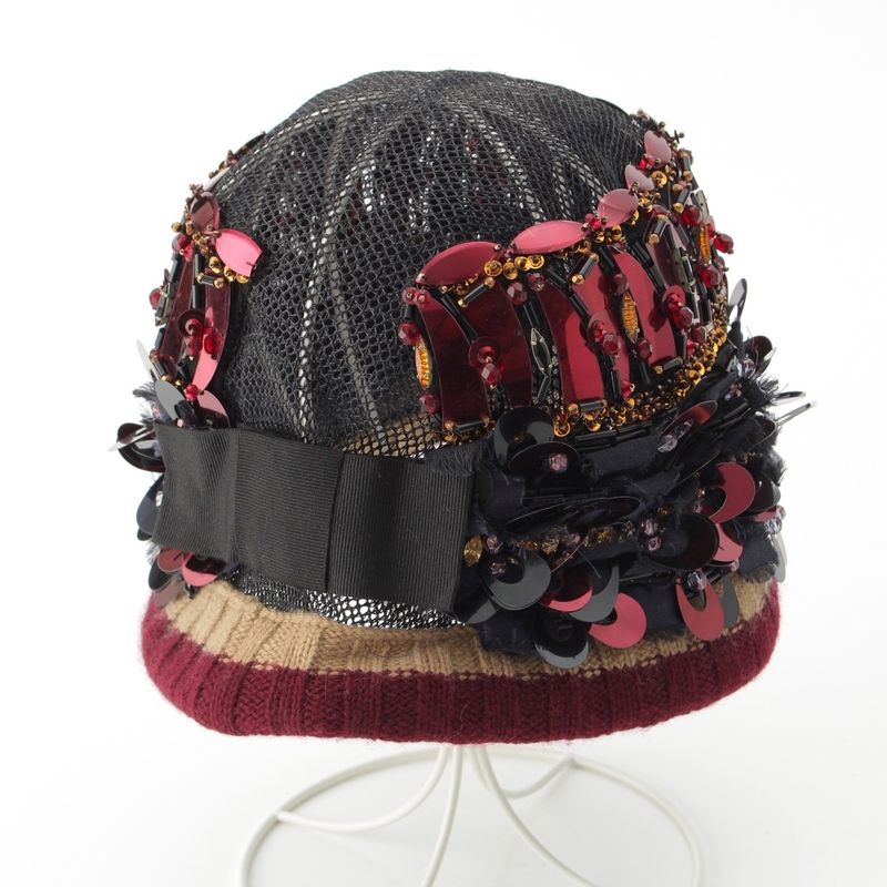 Prada S Decoration Bijou Mesh Sequin Bead Hat Black Red Multicolor