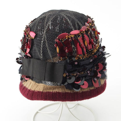 Prada S Decoration Bijou Mesh Sequin Bead Hat Black Red Multicolor
