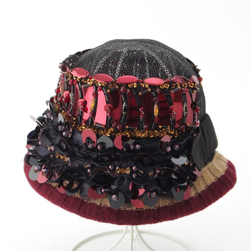 Prada S Decoration Bijou Mesh Sequin Bead Hat Black Red Multicolor