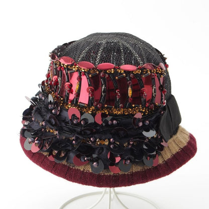 Prada S Decoration Bijou Mesh Sequin Bead Hat Black Red Multicolor