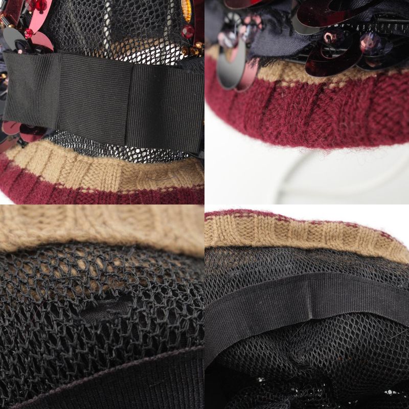 Prada S Decoration Bijou Mesh Sequin Bead Hat Black Red Multicolor