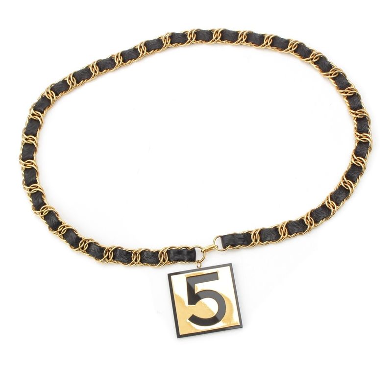 Chanel Leather Gold Plated №5 Number Five Big Plate Chain Belt Black