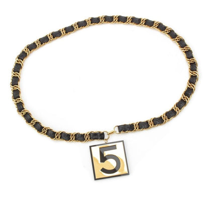 Chanel Leather Gold Plated №5 Number Five Big Plate Chain Belt Black