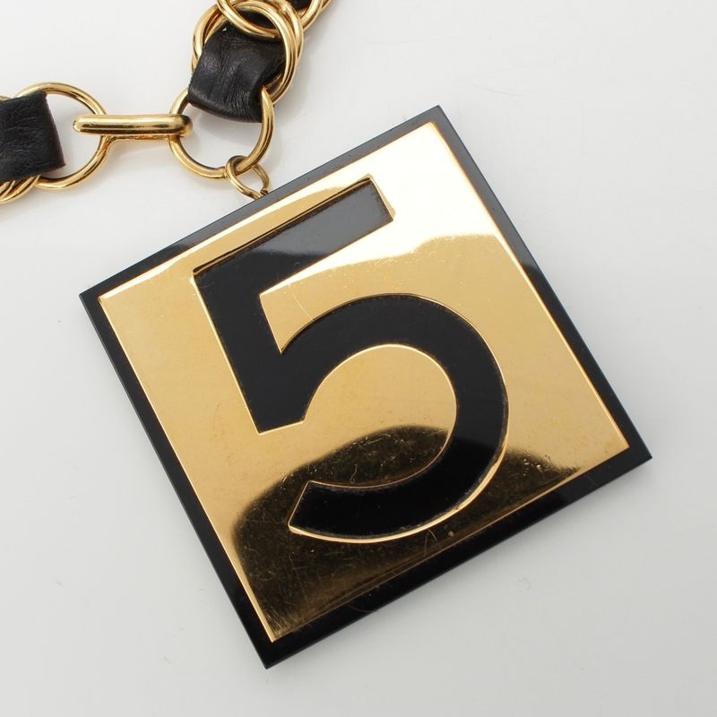 Chanel Leather Gold Plated №5 Number Five Big Plate Chain Belt Black