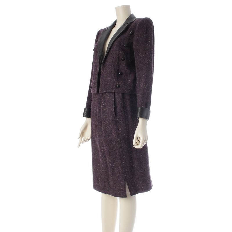 Saint Laurent Yves Wool Tweed Jacket Skirt Set Purple S