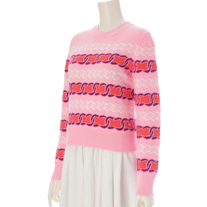 Chanel Cashmere CC Logo Cropped Long Sleeve Sweater Knit Top Pink 34