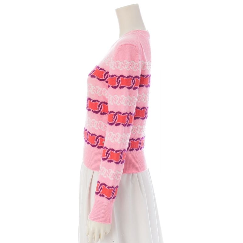 Chanel Cashmere CC Logo Cropped Long Sleeve Sweater Knit Top Pink 34