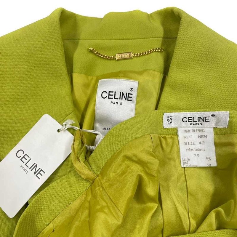 Celine Color Suit Set Tailored Open Collar Jacket Skirt Logo Golden Button 42