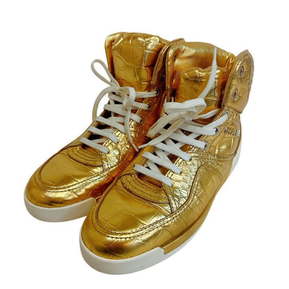 Chanel High Cut Sneakers Croco Embossed Leather Gold