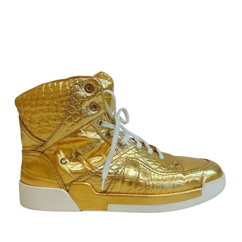 Chanel High Cut Sneakers Croco Embossed Leather Gold