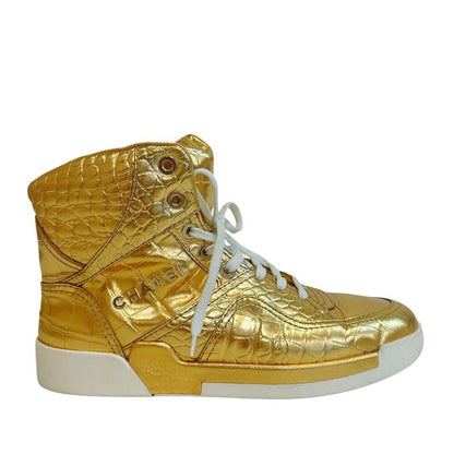 Chanel High Cut Sneakers Croco Embossed Leather Gold