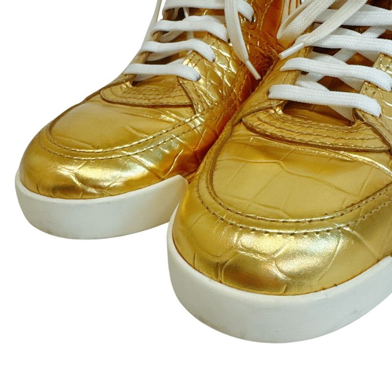 Chanel High Cut Sneakers Croco Embossed Leather Gold