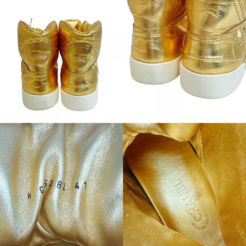 Chanel High Cut Sneakers Croco Embossed Leather Gold