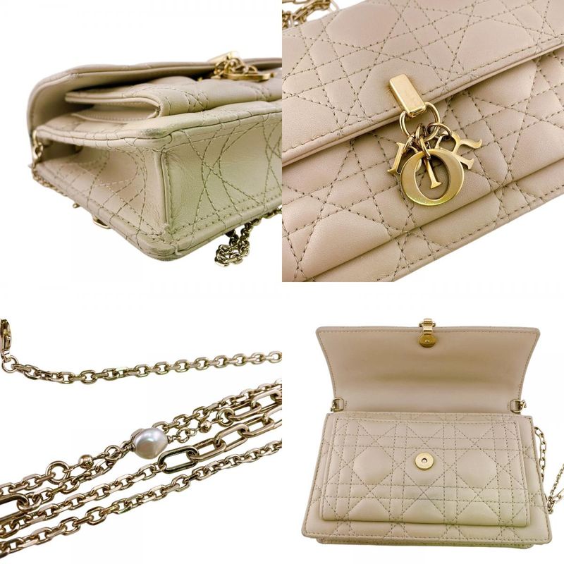 Dior Lady Logo Leather Wallet Chain Beige Handbag