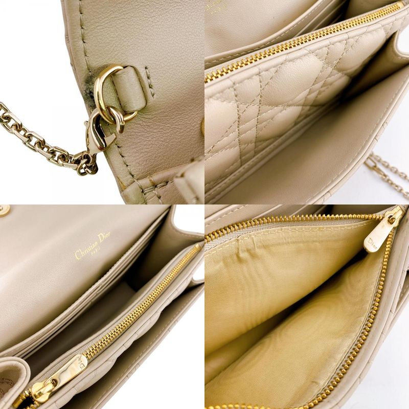 Dior Lady Logo Leather Wallet Chain Beige Handbag