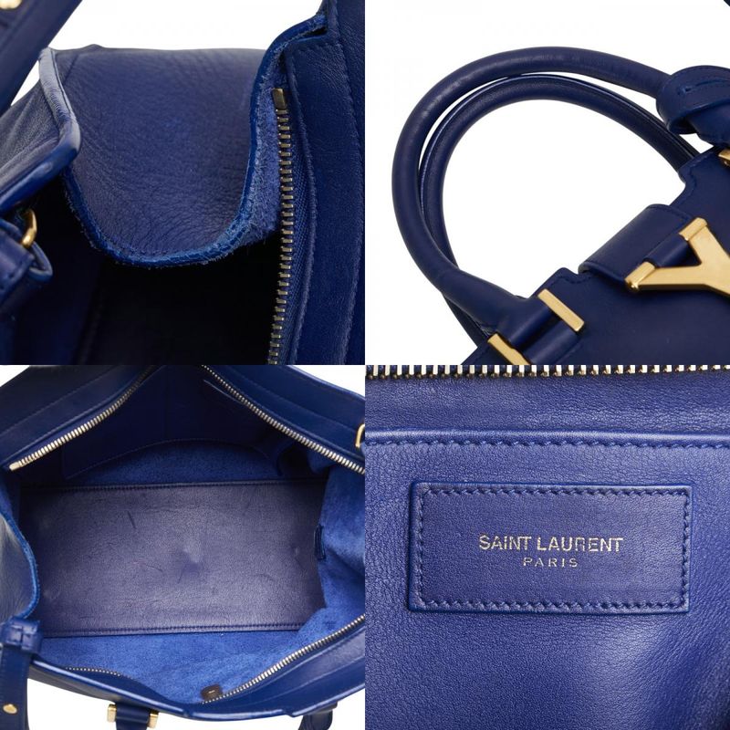 Saint Laurent YSL Logo Petit Cabas 2-Way Shoulder Bag Blue Leather