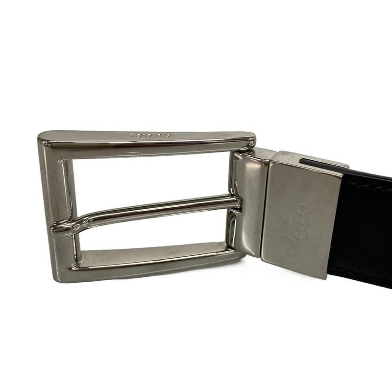 Gucci Belt GG Supreme Black Gray Silver Reversible Square Buckle Leather