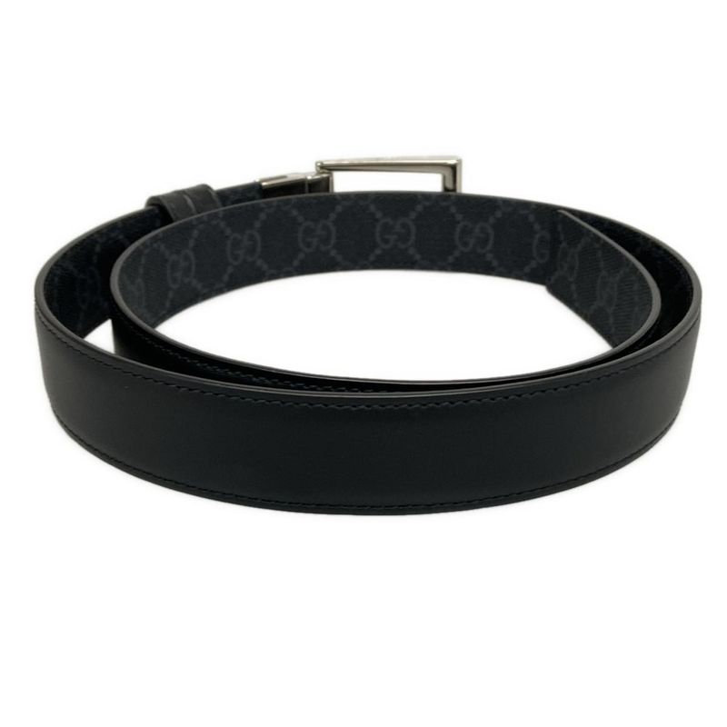 Gucci Belt GG Supreme Black Gray Silver Reversible Square Buckle Leather