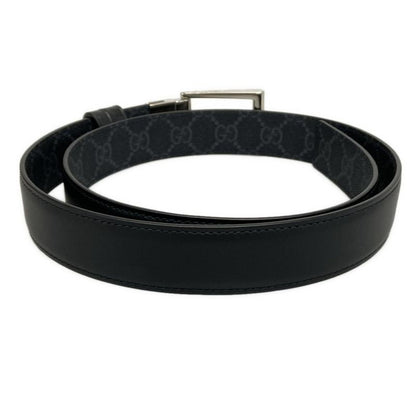 Gucci Belt GG Supreme Black Gray Silver Reversible Square Buckle Leather
