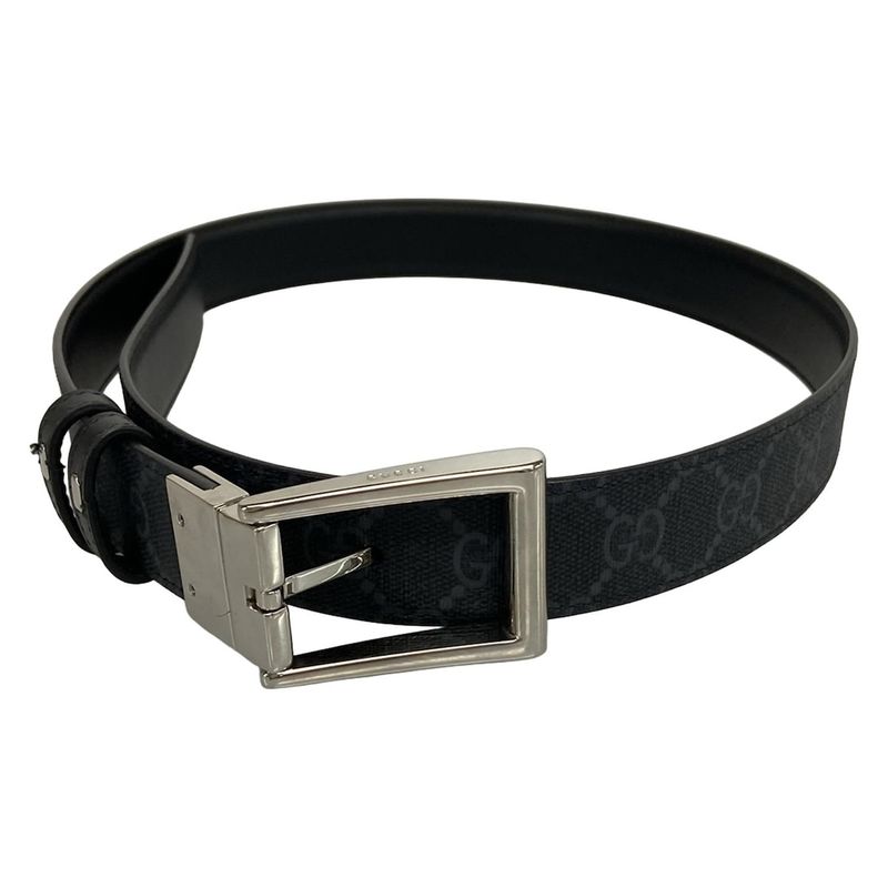 Gucci Belt GG Supreme Black Gray Silver Reversible Square Buckle Leather