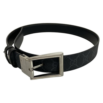 Gucci Belt GG Supreme Black Gray Silver Reversible Square Buckle Leather