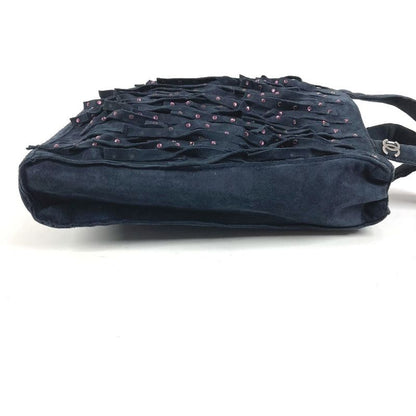 Chanel Handbag Fringe Tassel CC Logo Rhinestone Nubuck Navy