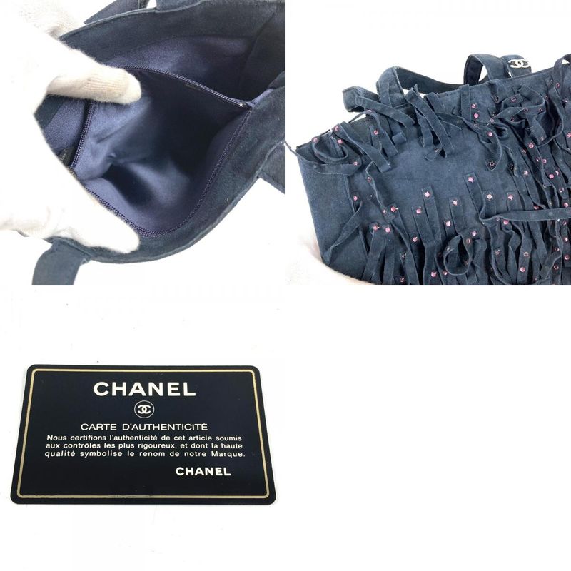 Chanel Handbag Fringe Tassel CC Logo Rhinestone Nubuck Navy