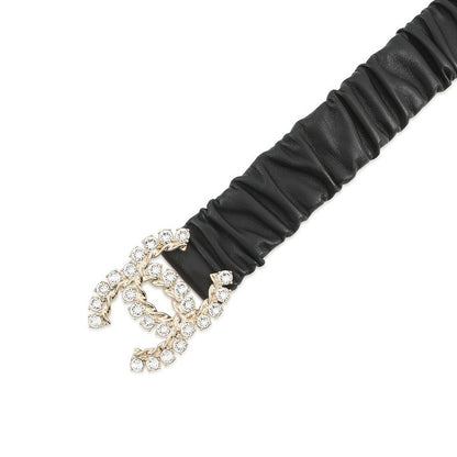 Chanel Belt CC Logo Rhinestone Leather 75 Black