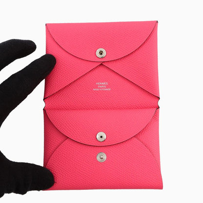 Hermes Coin Case Calvi Duo Pink Silver Epsom Wallet Business Card Holder