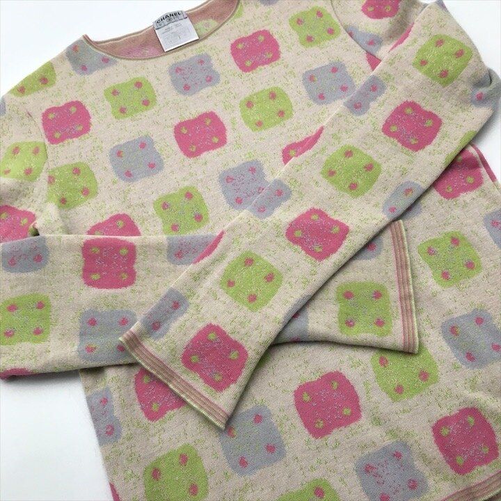 Chanel Quality All Over Pattern Cashmere Top Long Sleeve Knit Lightweight