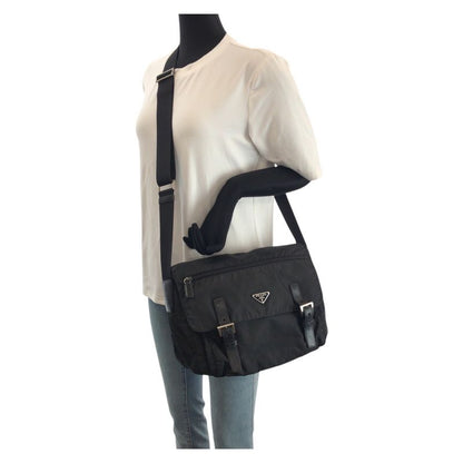Prada Tessuto Black Silver Nylon Leather Shoulder Bag