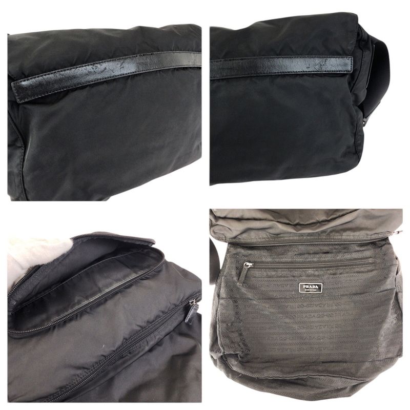 Prada Tessuto Black Silver Nylon Leather Shoulder Bag