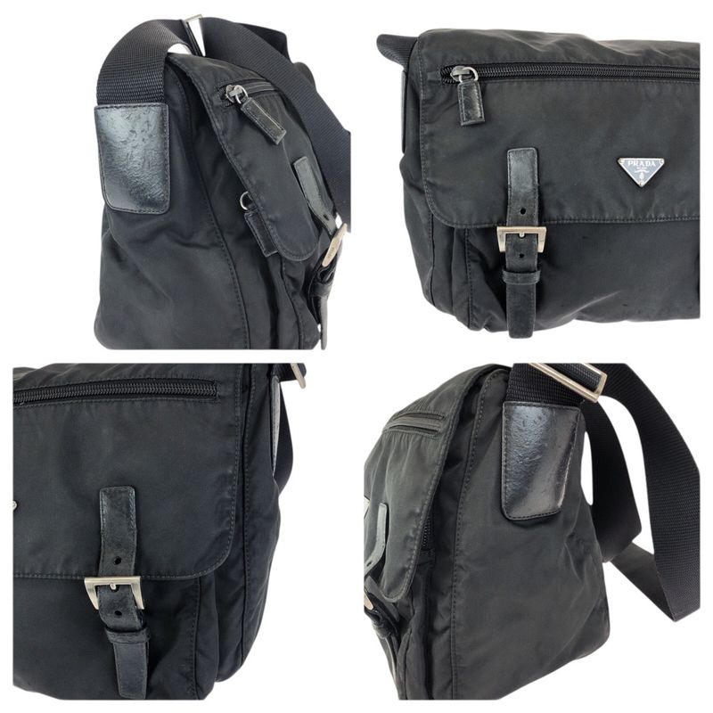 Prada Tessuto Black Silver Nylon Leather Shoulder Bag