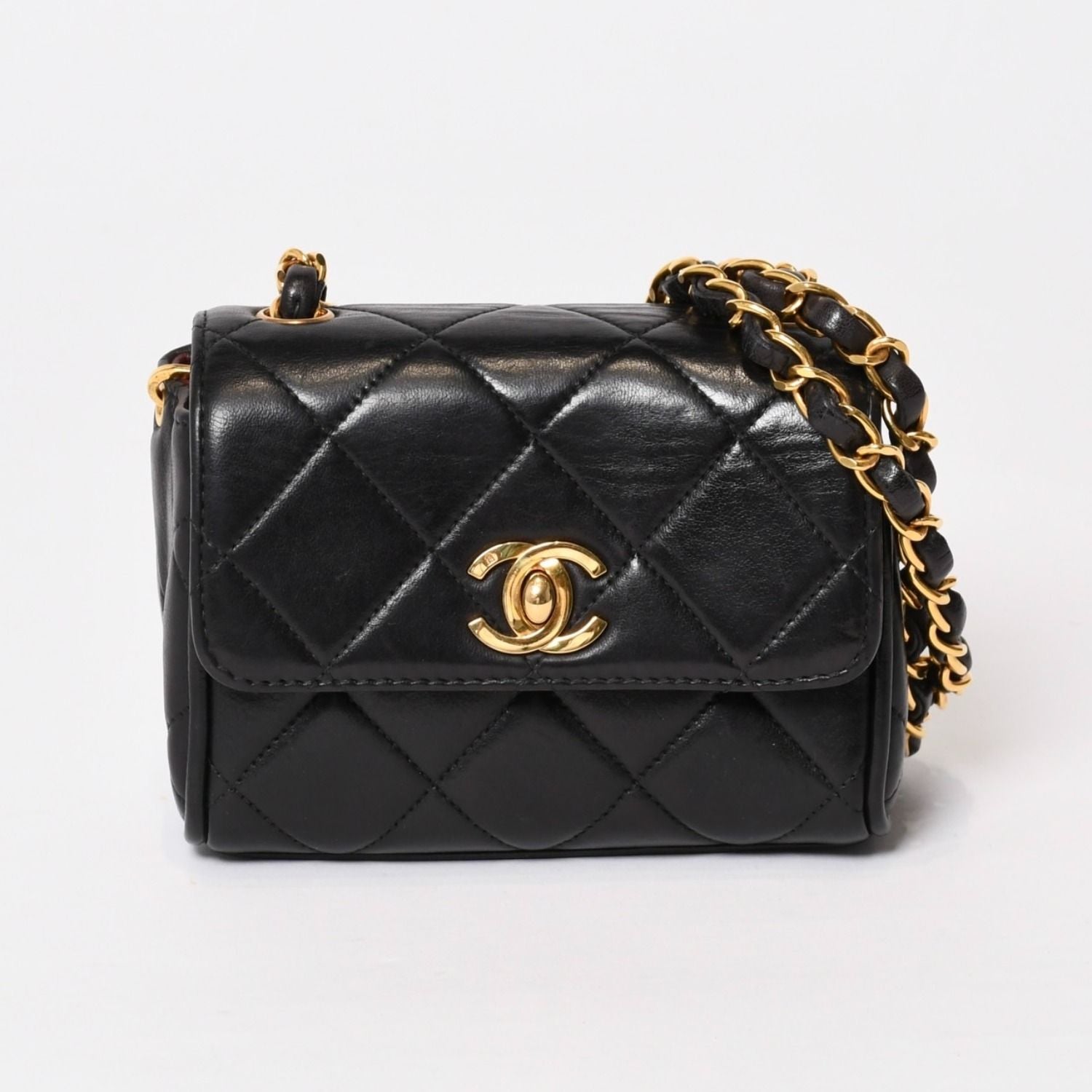 Chanel Mini Quilted S Flap S Chain Shoulder Bag CC Logo Lambskin Gold