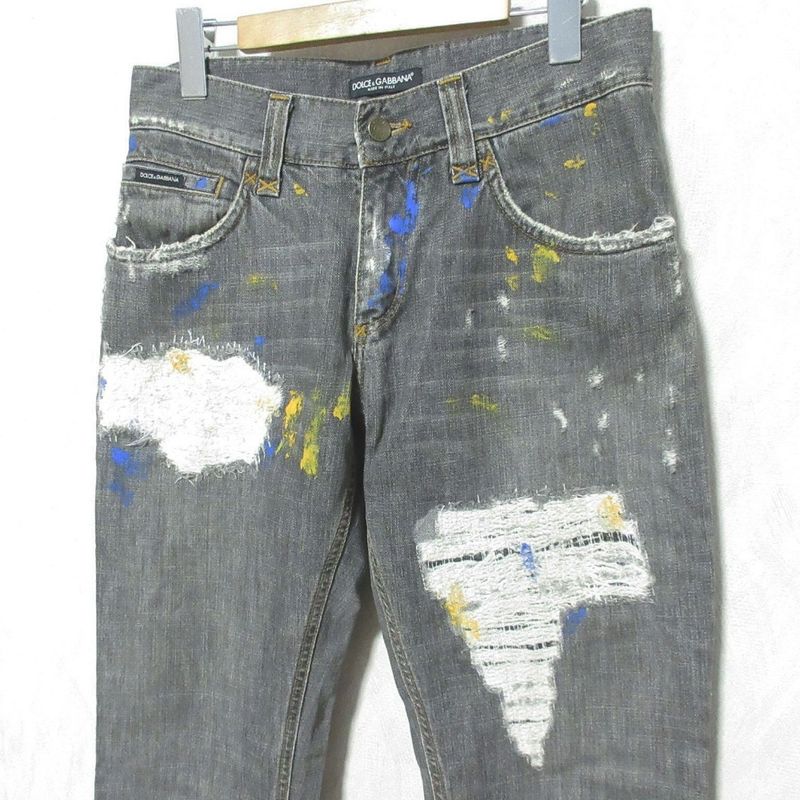 Dolce & Gabbana Painted Crushed Jeans Denim Pants 44 Gray