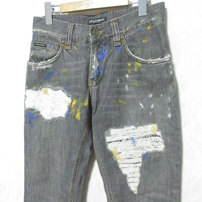 Dolce & Gabbana Painted Crushed Jeans Denim Pants 44 Gray