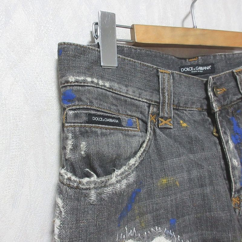 Dolce & Gabbana Painted Crushed Jeans Denim Pants 44 Gray